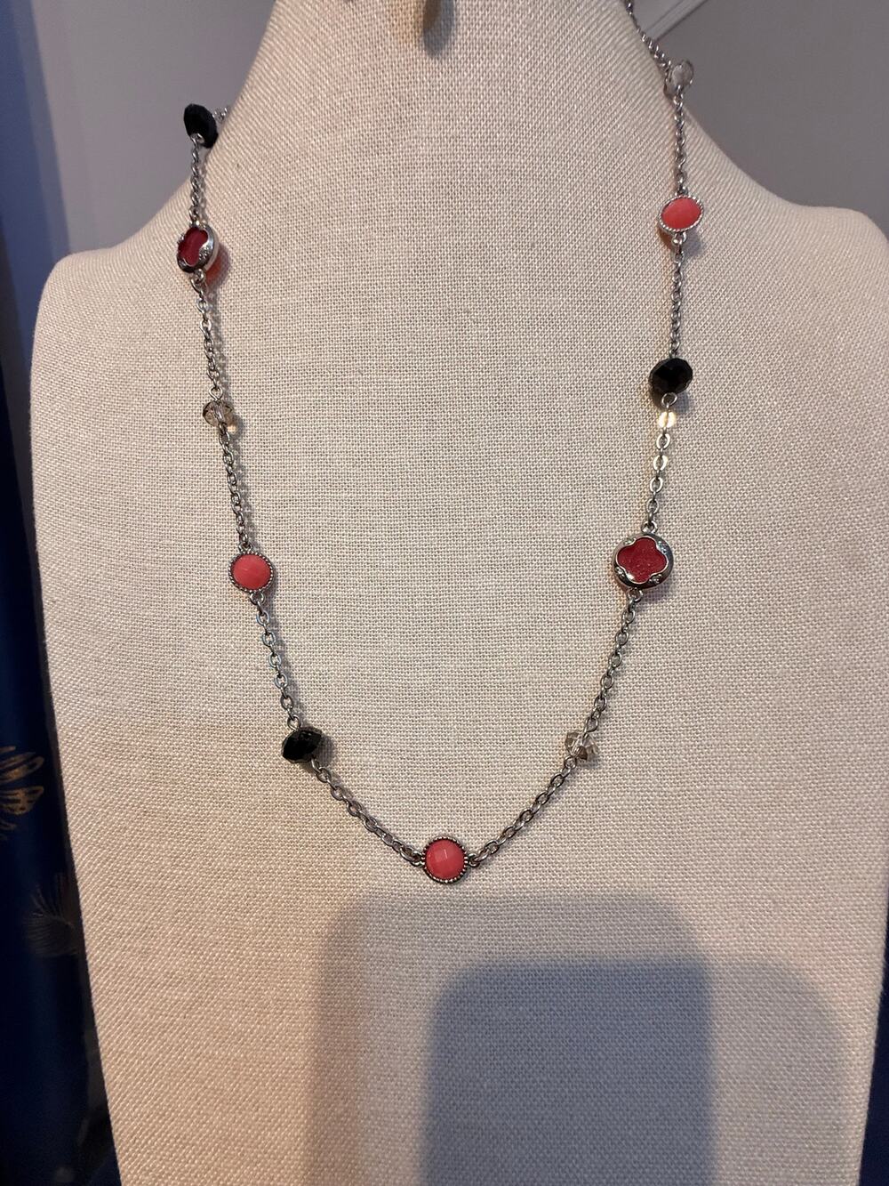 Vintage 38” Pink Black Bead Silver Tone Station Necklace